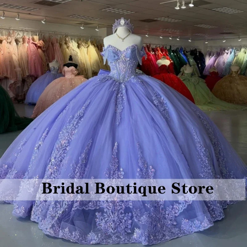 Lavender Shiny Quinceanera Off Shoulder Ball Gown Sweet Applique Lace Bow Beading Tull Birthday Party Vestidos Customized