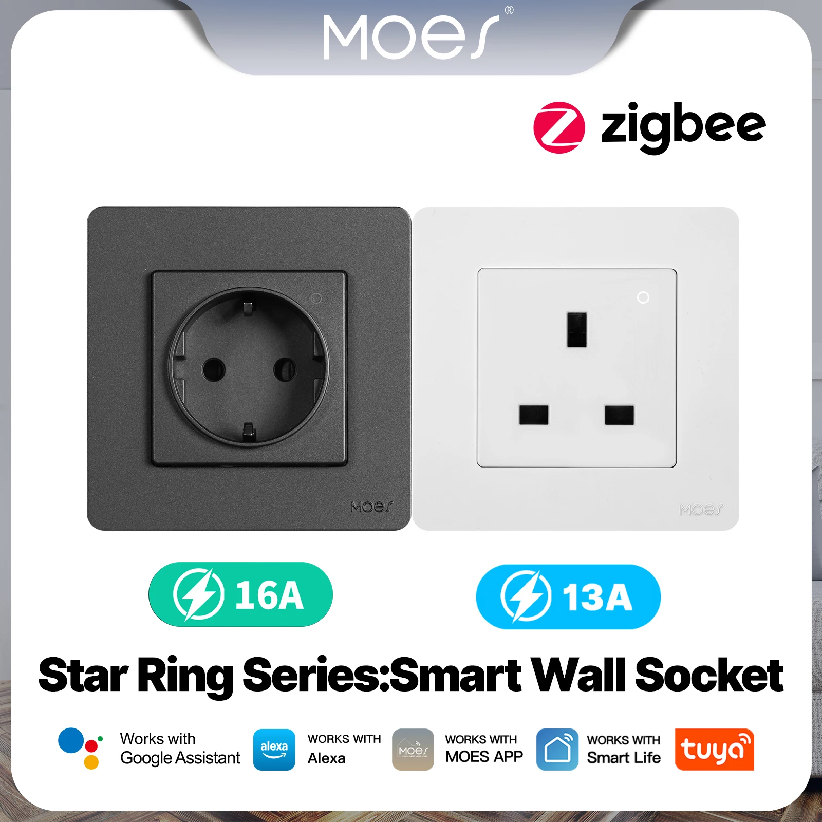 MOES Tuya ZigBee Smart Wall Socket EU/UK Embedded Outlet Energy Monitor Indicator App Remote Control Works With Alexa GoogleHome