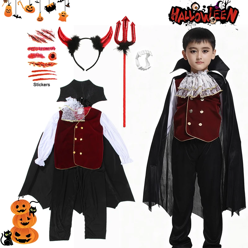 Vampir-Teufel-Halloween-Outfit für kleine Jungen, Samtweste, Umhang, Hose für Kinder, Karneval, Geburtstag, Schule, Cosplay-Set