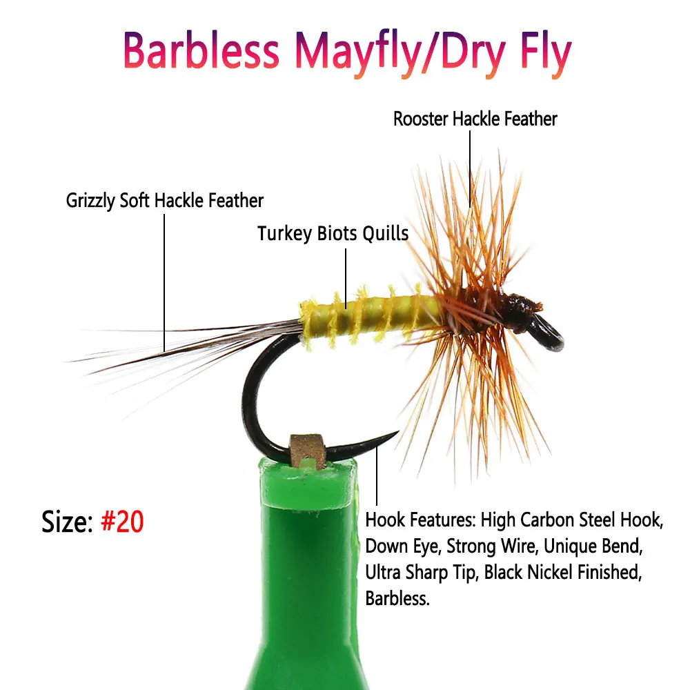 Bimoo 8PCS #20 Barbless Mayfly Dryfly Rooster Hackle Artificial Insect Bait Trout Perch Grayling Bluegill Fishing Lures Baits