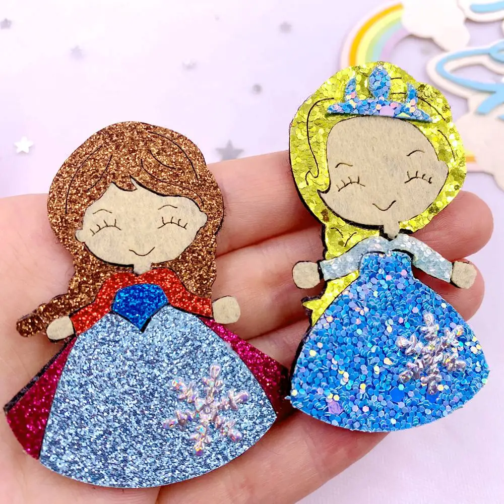 6pcs Felt Fabric Colorful Glitter Bepowder Cartoon Princess Snow Flower Patch Applique Sewing DIY Hair Bow Crafts Supplies XE816