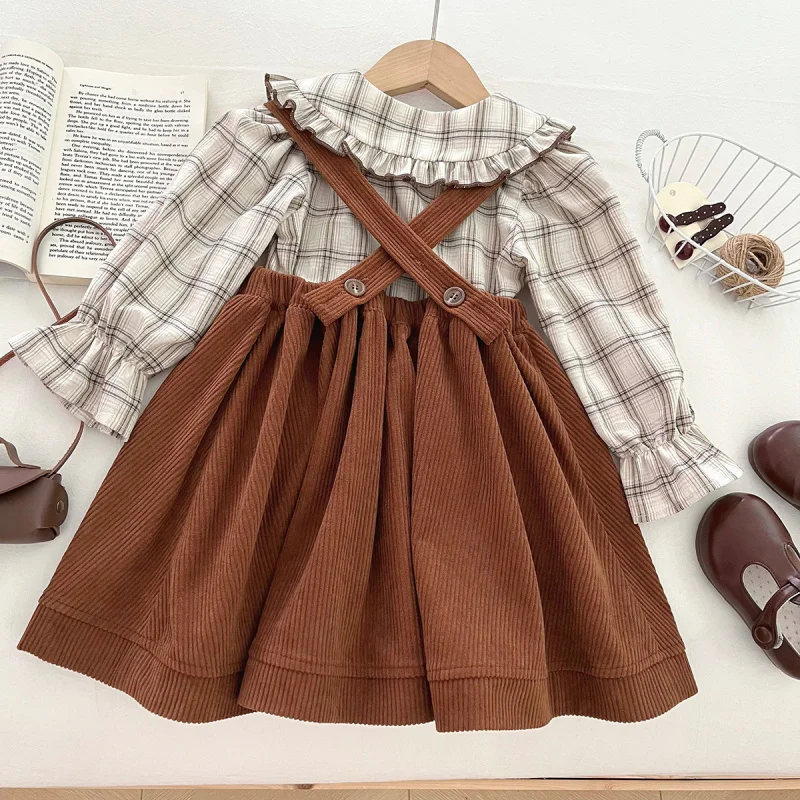 

2025New Girls Long Sleeve Shirt Dress Two Piece Set Baby Sweet Plaid Dress