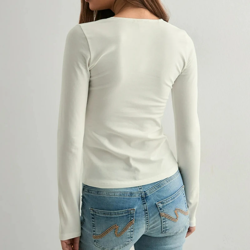 Combhasaki المرأة شيك أنيق كم طويل تي شيرت بلون ساحة الرقبة القوس ديكور انقطاع الجبهة سليم تي شيرت مجسم الشارع الشهير #2