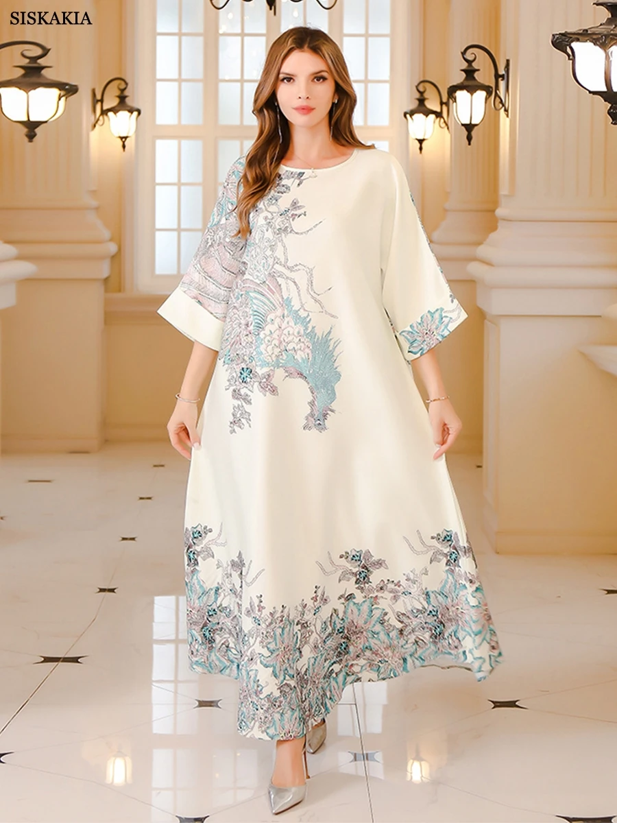 

Siskakia Fashion Dubai Floral Print Embroidery With Diamonds Long Sleeves Long Dress Moroccan Turkish Robe Jalabiya For Women