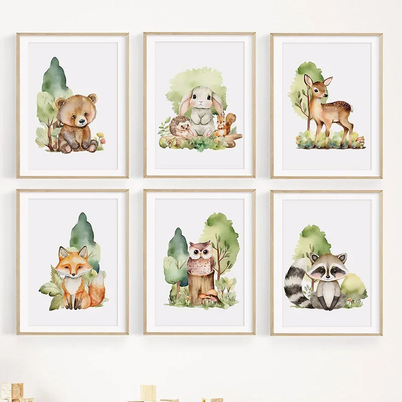 Multi-size 1PC frameless high-definition decorative paintings,Forest Bear Rabbit Deer Fox Raccoon Owl Wall Art Canvas Painting N