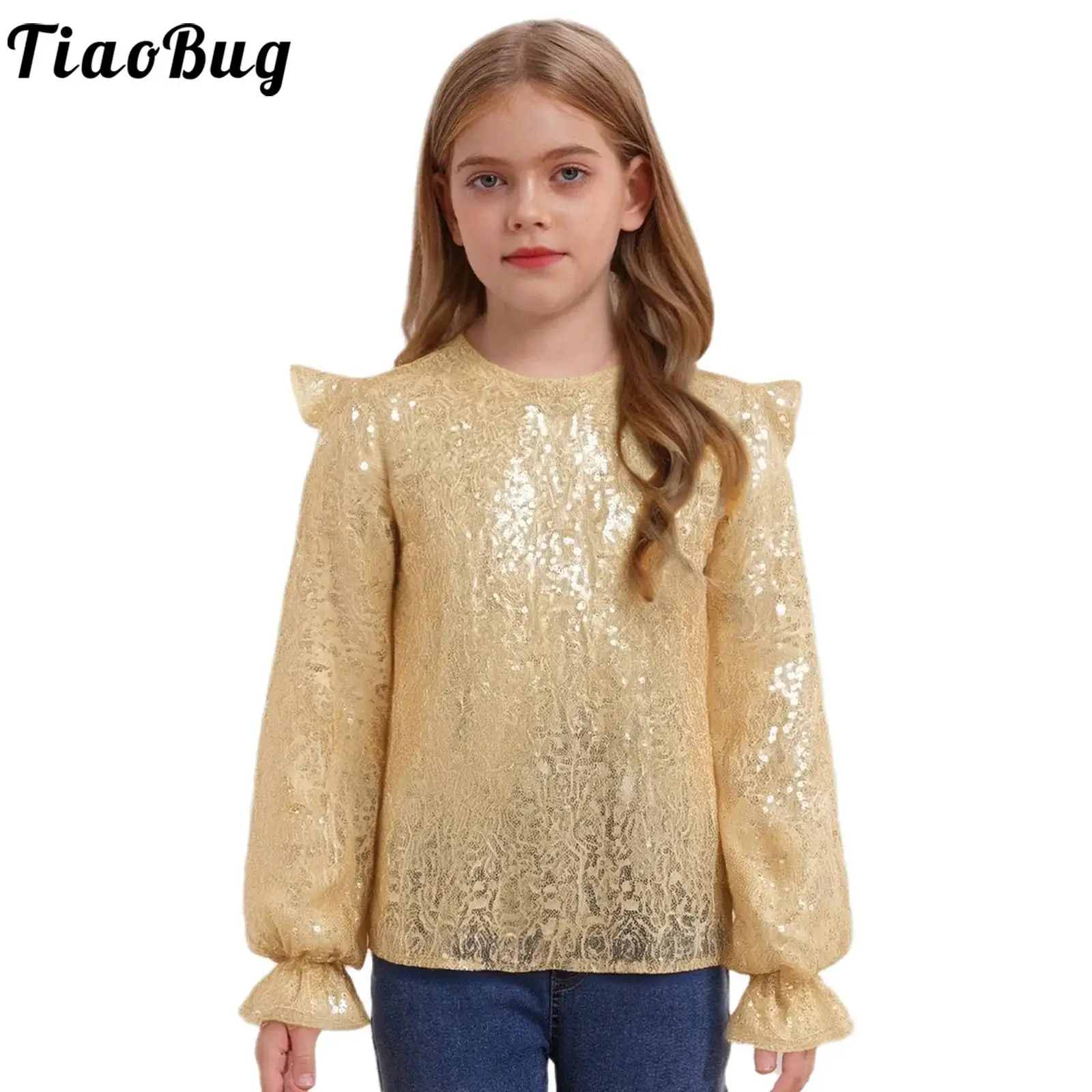 

Kids Girls Disco Jazz Modern Dance Shirt Sparkling Sequins Pullover Top Long Sleeves Glittery Blouse for Party Stage Performance