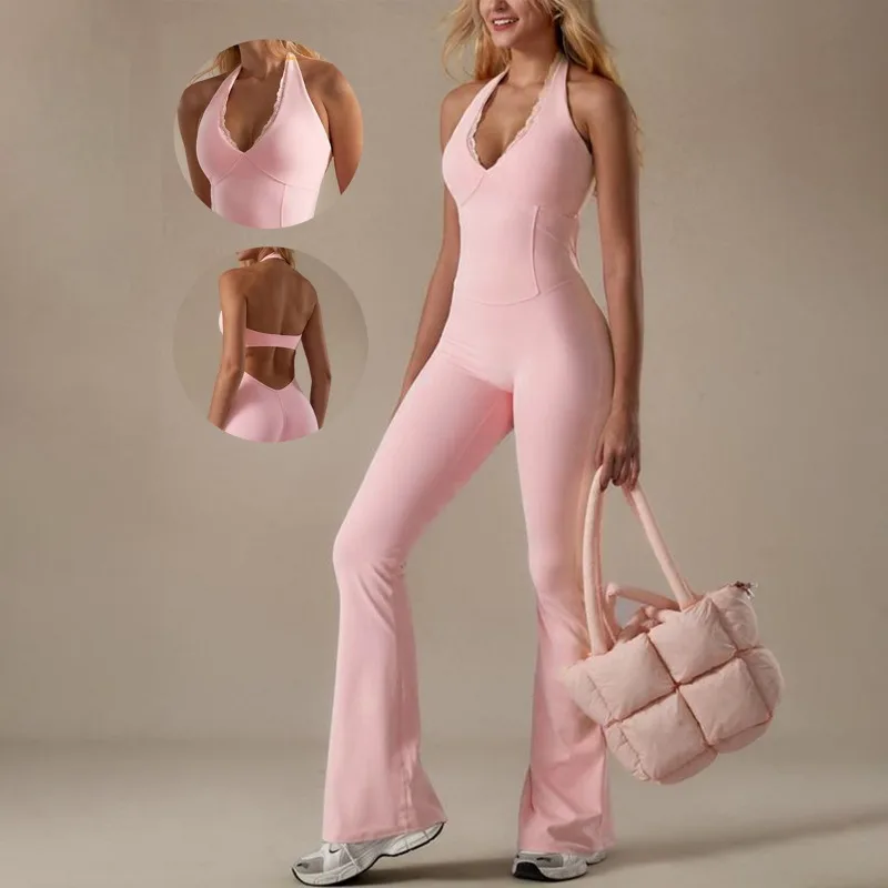 

2025 НОВЫЙ цельный костюм для йоги для похудения, спортивный боди для фитнеса, эластичный, подтягивающий живот, микро-расклешенные ноги, эластичное боди с открытой спиной