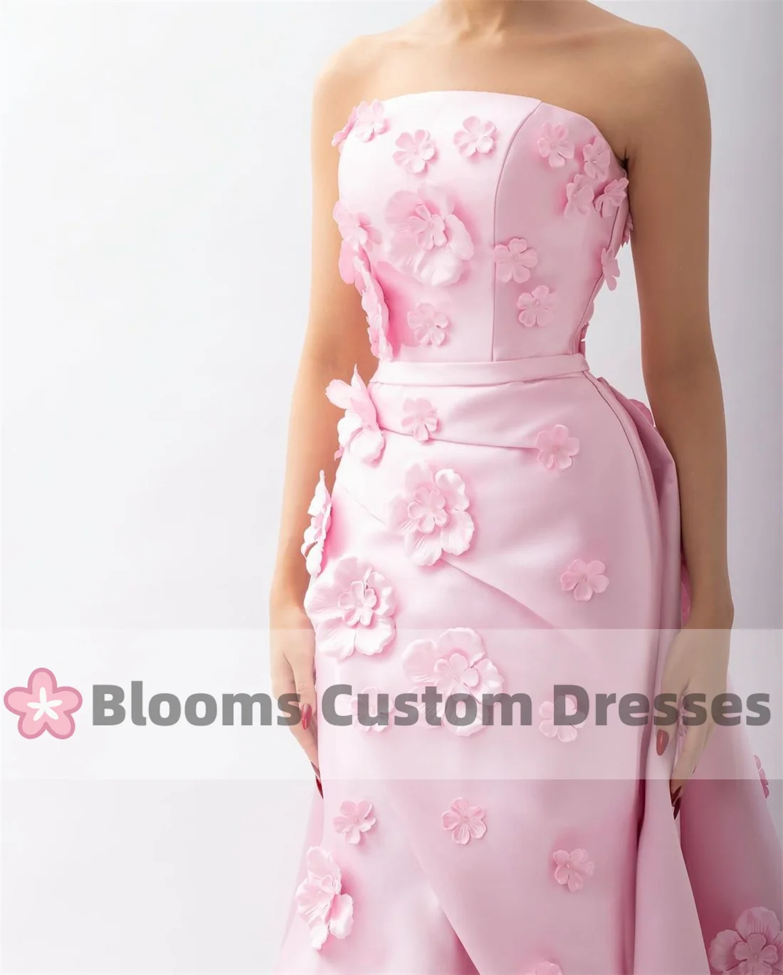 Blooms Gorgeous Satin 3D Flowers Pink Evening Dresses Mermaid Lace-up Customized Prom Dress Removable Tail Formal Occasion Gown