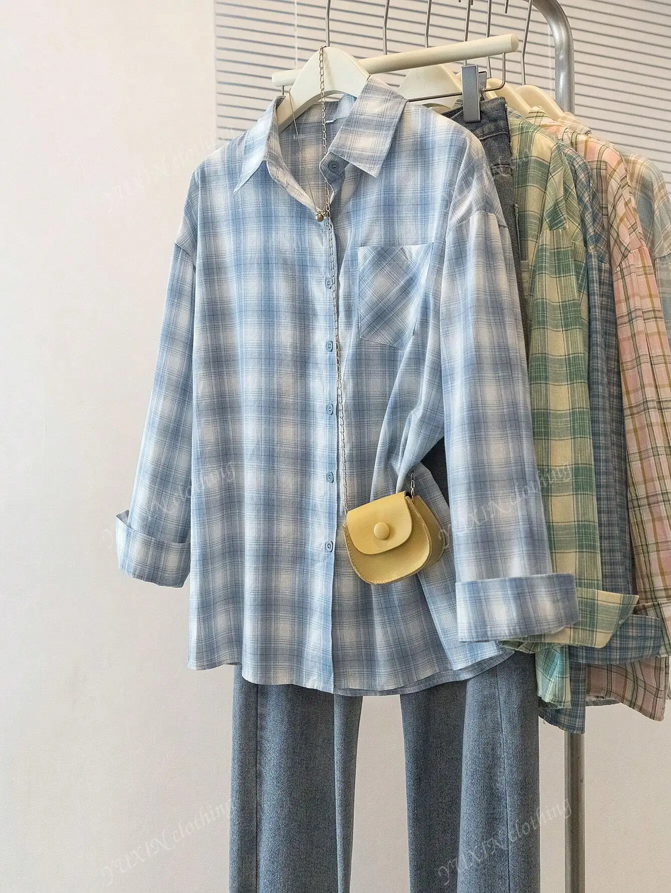 

Women's Fashion Spring Autumn Fresh Blue White Plaid Shirt Blouse Ladies Turn Down Collar Long Sleeve Casual Blouse Shirt