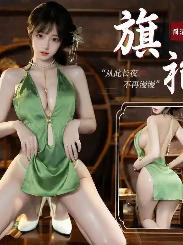 ชุดเดรสทรงชองซัมผ้าแจ็คการ์ดลายไม้ไผ่ คอวีผ่าข้าง ดีไซน์หลังสวยงาม ประดับมุก ดีไซน์หรูหรา สีเขียวหวาน รุ่น NT9U