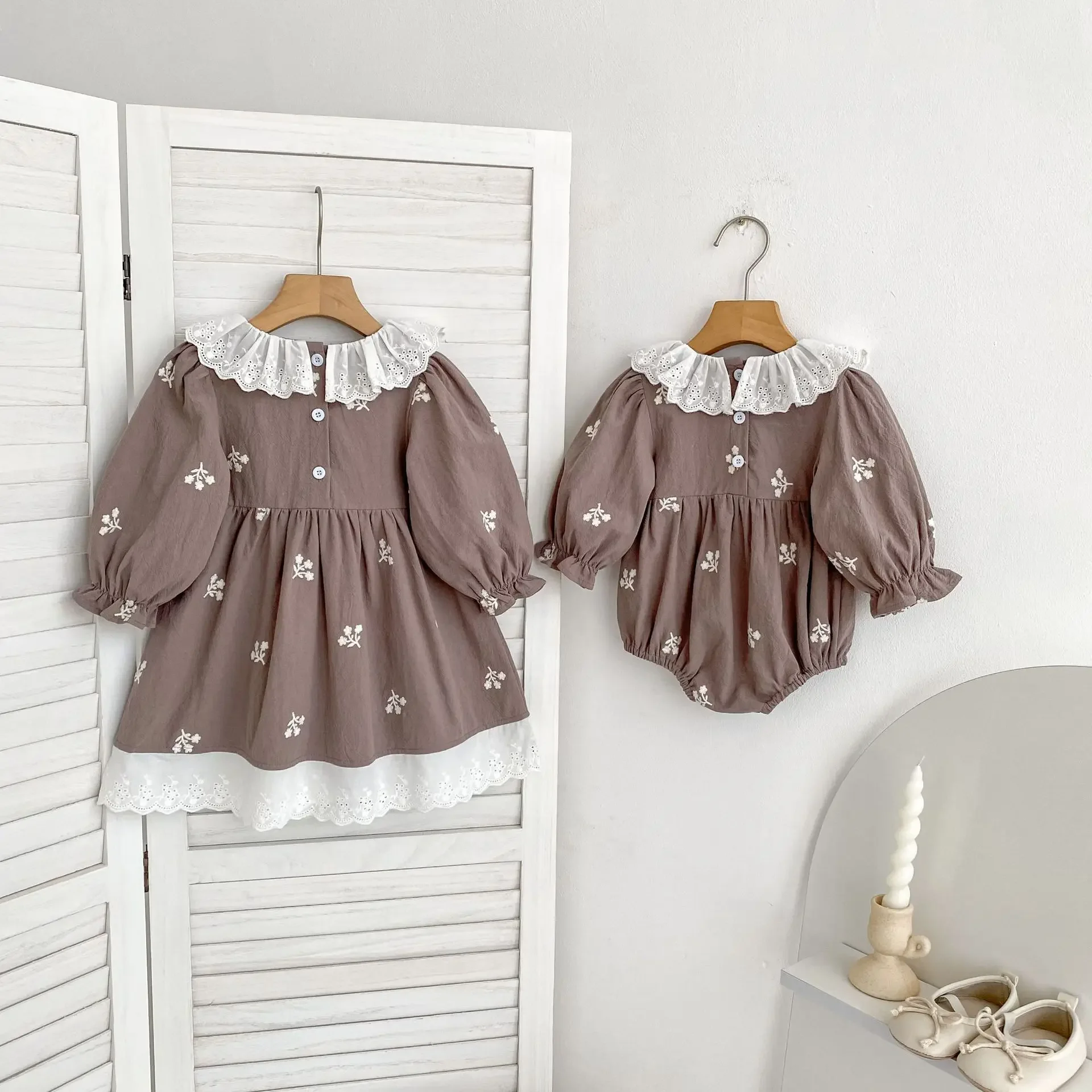 Korean Style Baby Girls Ruffle Neck Romper Long Sleeve Romper with Embroidery Floral Print Matching Sister Infant Causal Outfit