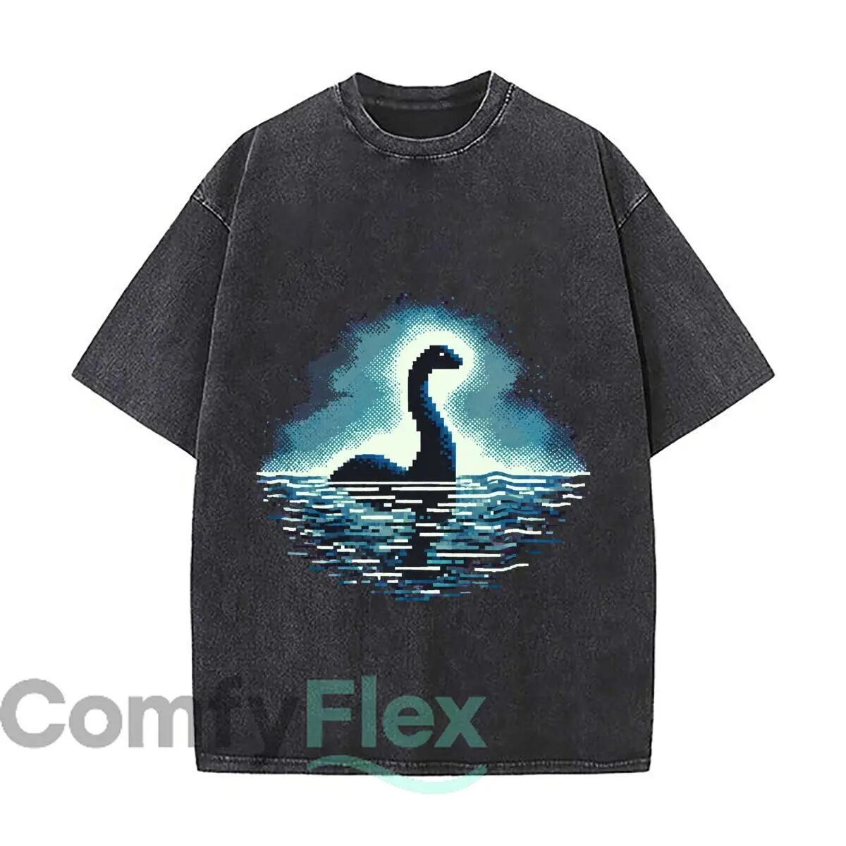 Nessie Loch Ness Monster Cryptid Pixel Art Mystical Creature Distressed Faded Baggy Streetwear Tops for Park Hangouts