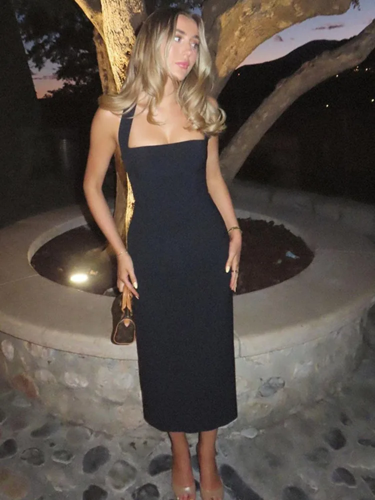 Articat 2024 Summer New Women Sexy Pure Hanging Neck Dress One Line Neck Open Back Fashion Slim Fit Dress Party Evening Dress