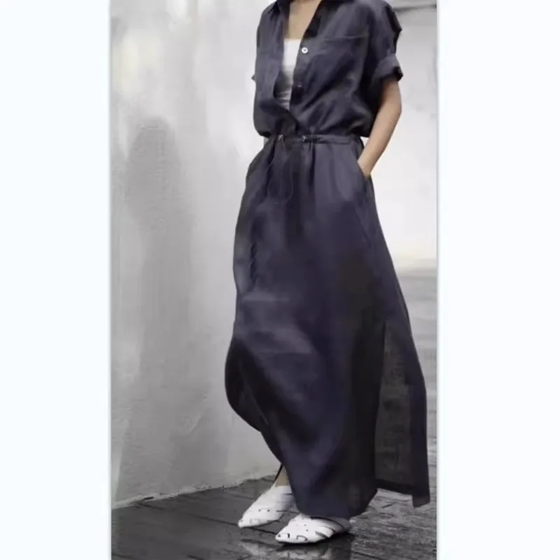 فستان كتان ريترو مع رباط خصر مرن ومزاج تنحيف مقاس كبير قميص نسائي فضفاض بأكمام قصيرة فستان طويل