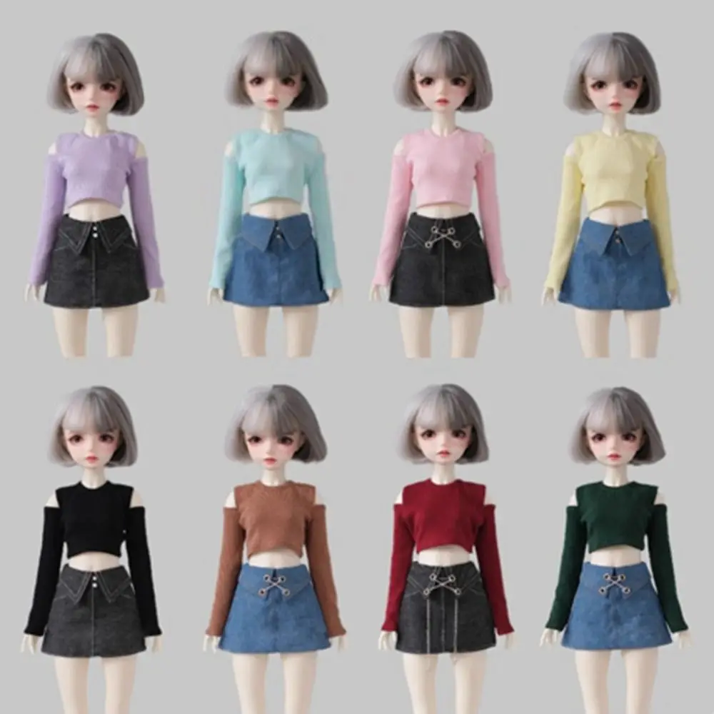 

Модная футболка с открытыми плечами, джинсовая юбка для кукол 1/6 BJD, 30 см, юбка принцессы с цепочкой для кукол, аксессуары для одежды своими руками
