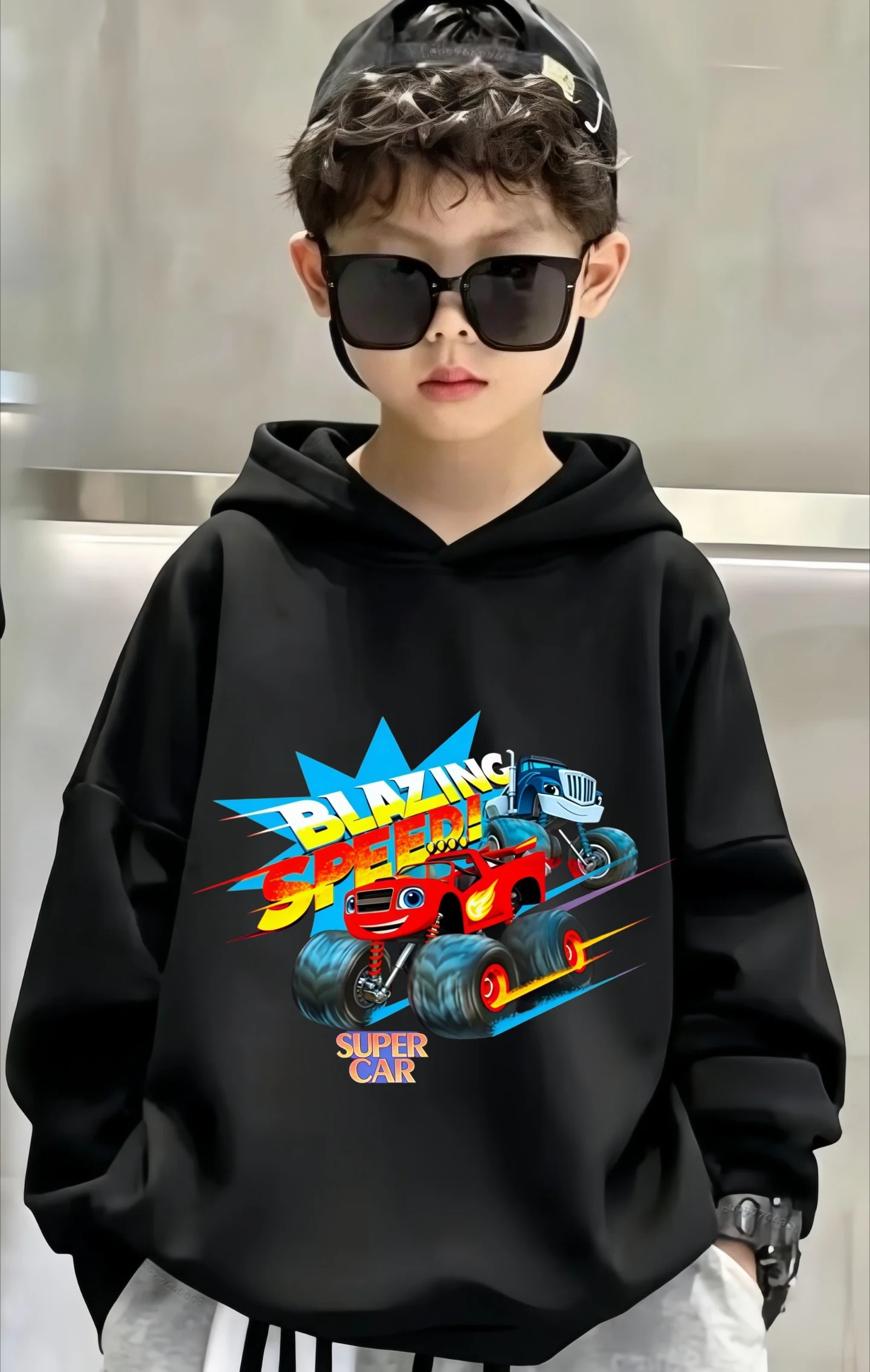 Autumn/Winter Fun Monster Machine Pattern Children's Hooded Sweatshirt, Medium-Sized Baby Warm Hooded Sweater