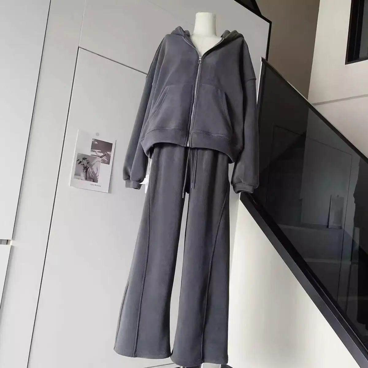 

Осень 2024, однотонная свободная юбка с высокой талией, женский комплект из двух предметов, модный вязаный пуловер, женские повседневные комплекты серого свитера