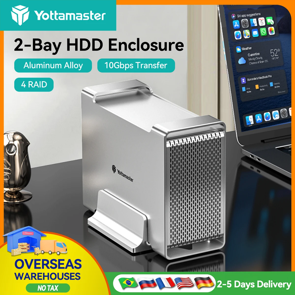 

【Местский склад】Yottamaster 2 Bay из алюминиевого сплава RAID USB3.1 10 Гбит/с Корпус жесткого диска 2,5 "3,5" SATA SSD/HDD Внешний корпус