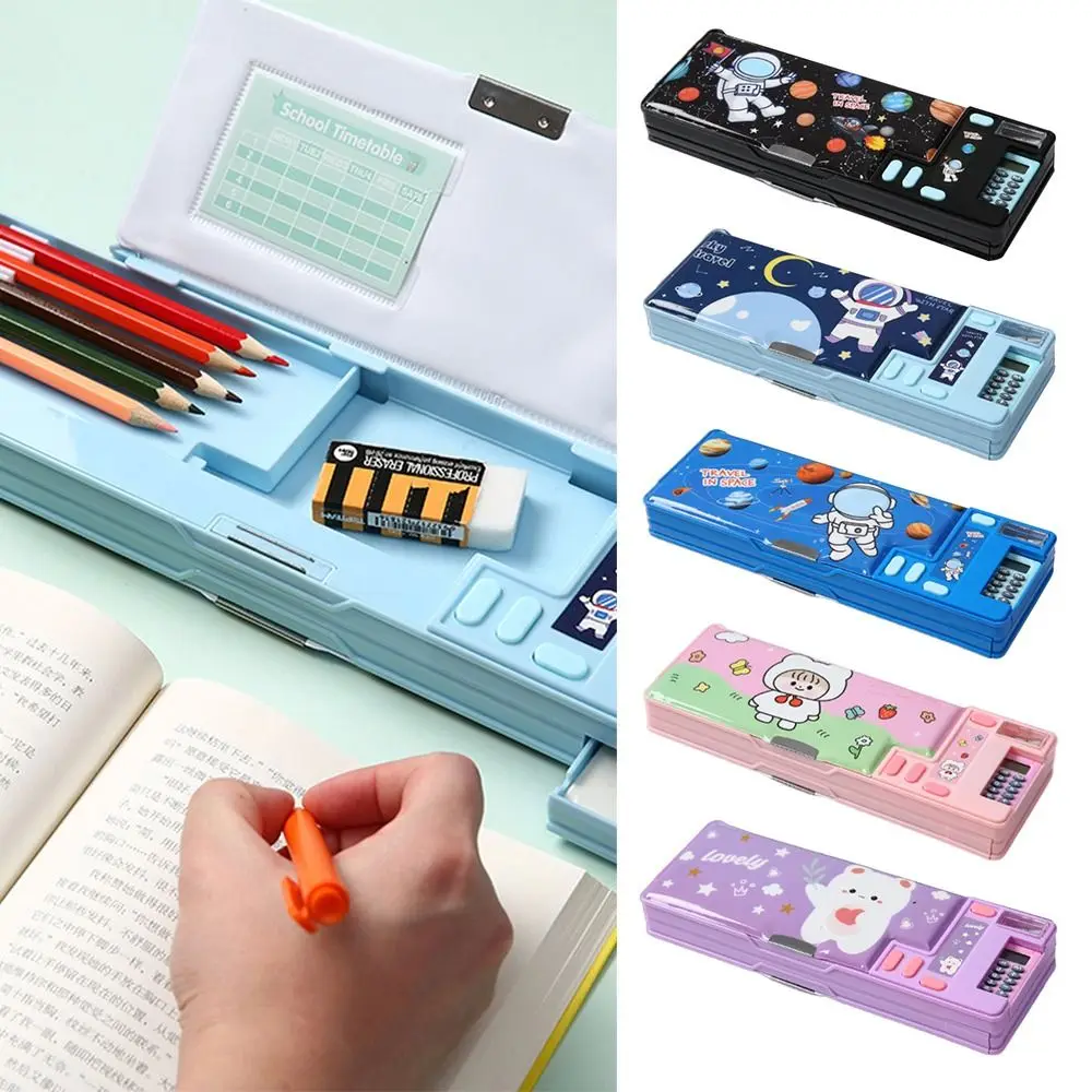 

Double Layer Pencil Case With Calculator Pencil Sharpener Pencil Box Astronaut/Animal Design Plastic Stationery Storage Box