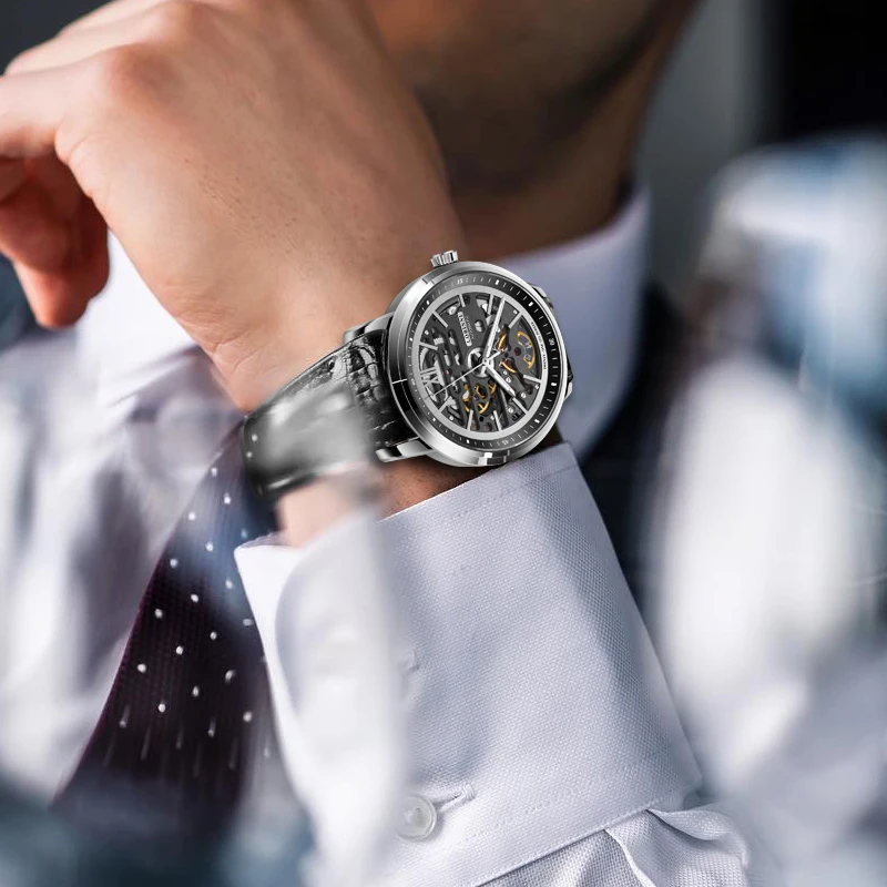 LOBINNI 42mm quadrante scheletrato orologio automatico da uomo cinturino in pelle di marca di lusso orologio da polso a carica automatica da uomo