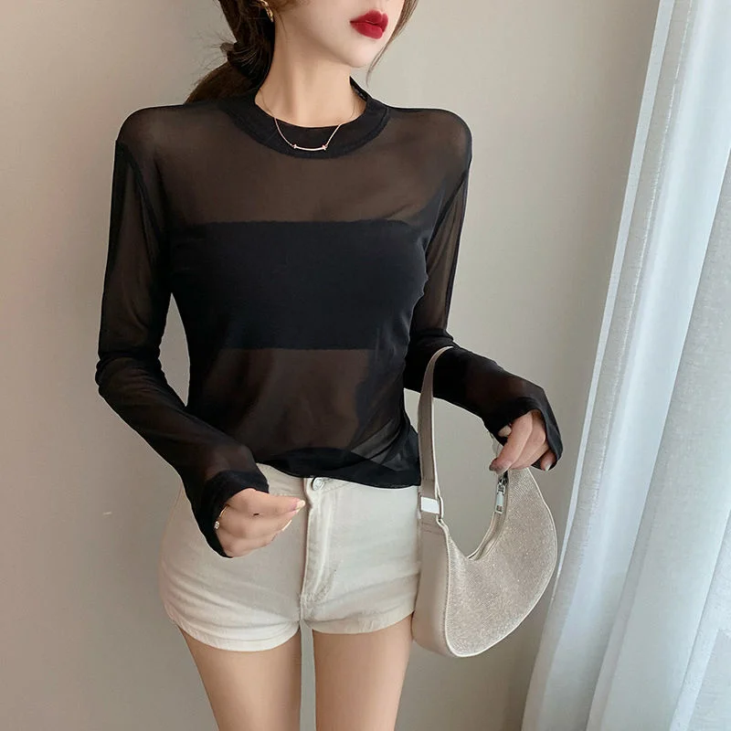 in Early Spring of 2023 New Thin Long-sleeved Blouse with T-shirt Inside the Nd See-through Mesh Bottom for