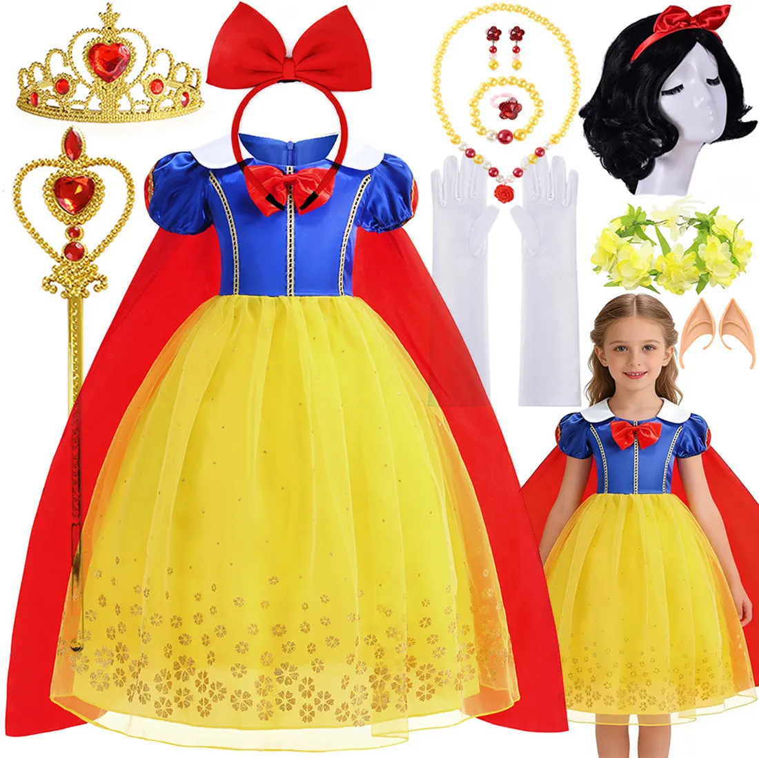 

2026 Holiday Party Carnival Birthday Party Girls Cosplay Snow White Long sleeve Yellow Cute Costume + Cape + Accessories Set