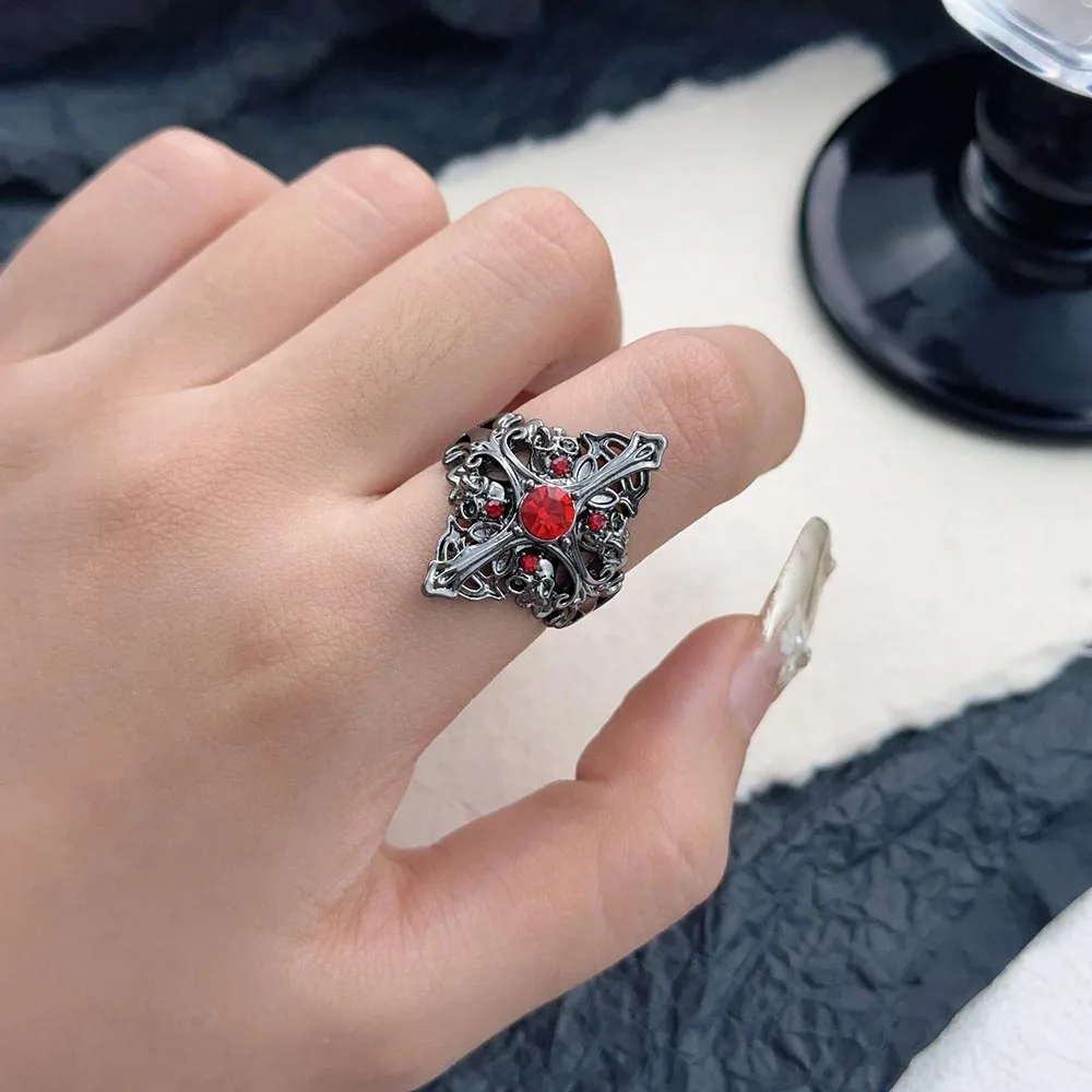 Diablo Black Hollow Carved Cross Red Crystal Open Rings for Men Personality Vintage Fashion Finger Ring Party Jewelry Gift