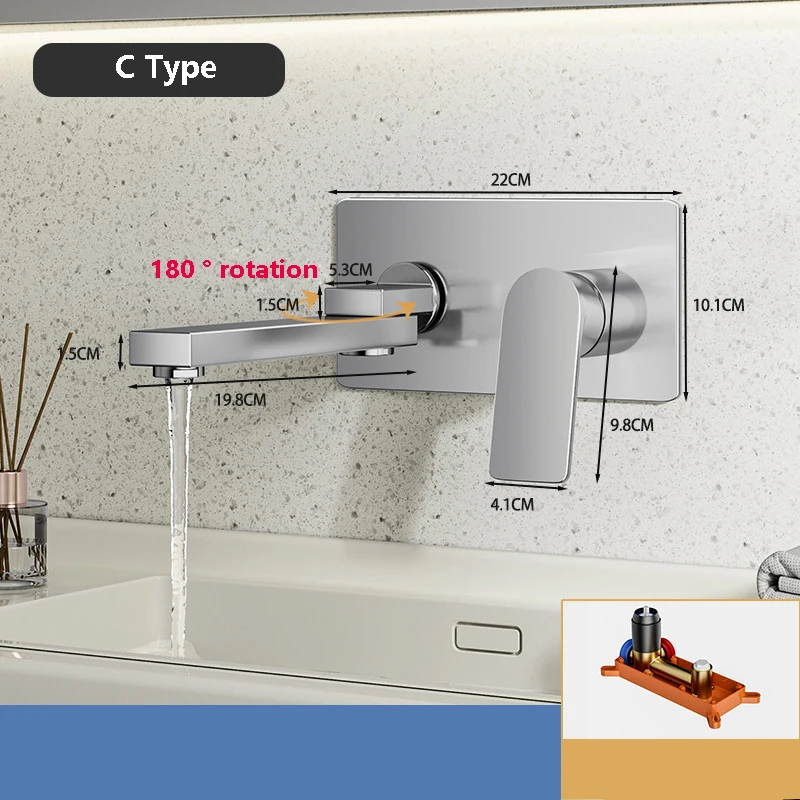 Imagem -04 - Embutido Parede Torneira de Água Quente e Fria Quadrado Todo o Cobre Lavatório Escondido Latão Núcleo de Válvula de Disco Cerâmico