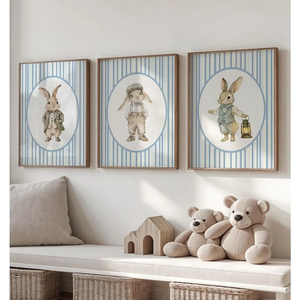 Frameless Retro Rabbit Nursery,Rabbit Print,Dusty Blue Stripes,Digital Download Printable,Easter Poster,Living Room Decoration