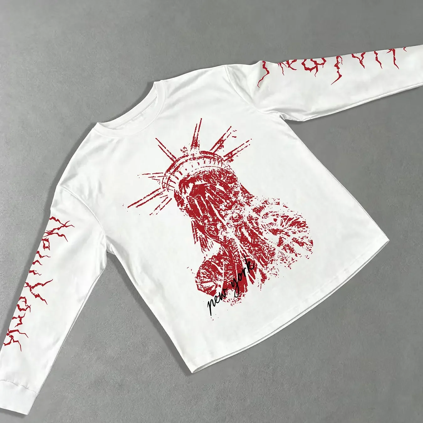 Crew Neck Long Sleeve Tee, Distressed Statue of Liberty New York Graphic Top, Gothic Lightning Arm Print Dark Aesthetic
