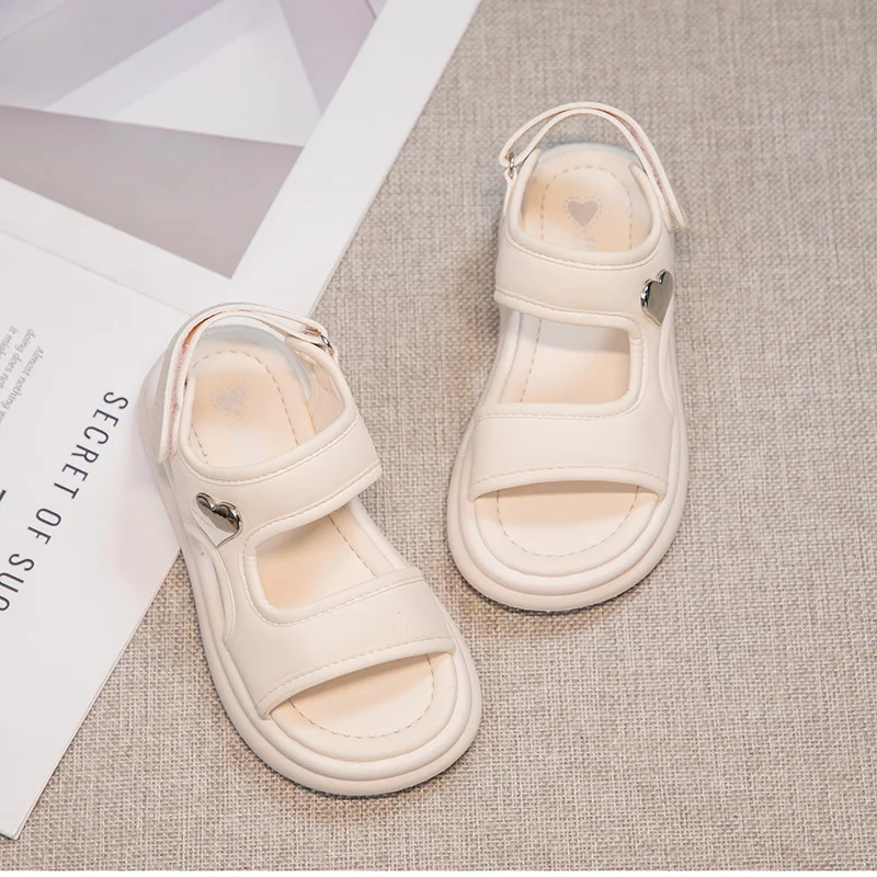 Girls Casual Sandals Open Toe Chiildren Summer Beach Shoes Kids Leather Sandals Simple Anti-Slippery All Match 2024 Summer New