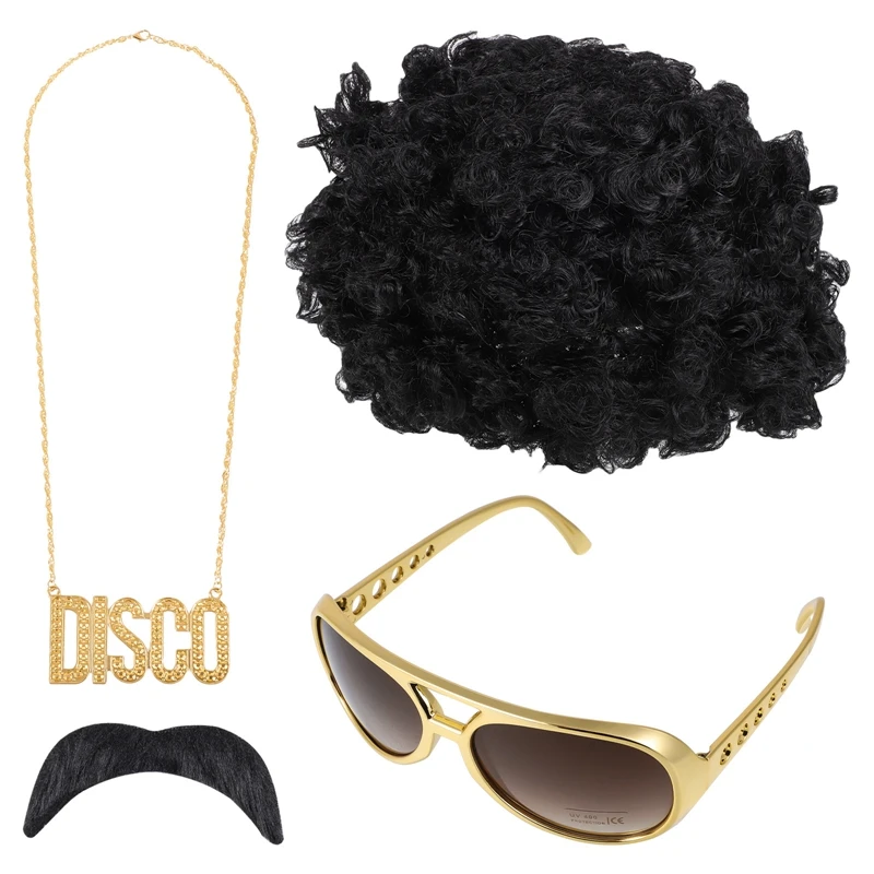 3/4 pçs conjunto 70s 80s peruca de discoteca com bigode óculos colar corrente, cabelo sintético afro masculino rocker festa de halloween vestir-se