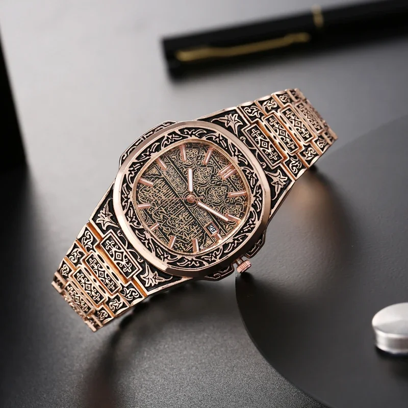 Fashion Luxury Brand High Quality Men Quartz Watches Vintage Flower Pattern Carving Wristwatch Full Stainless Steel Relogio Saat