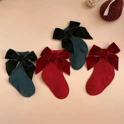 Red Silk Velvet Bow Tie Medium Tube Socks Children Girls Christmas Stockings Baby Non Slip Toddlers Soft Cotton Floor Socks