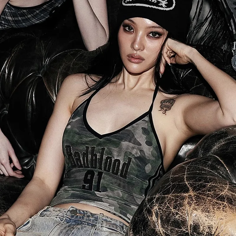 Korean badblood bcac spicy girl collarless sexy pure desire grid tank top with straps women's niche top