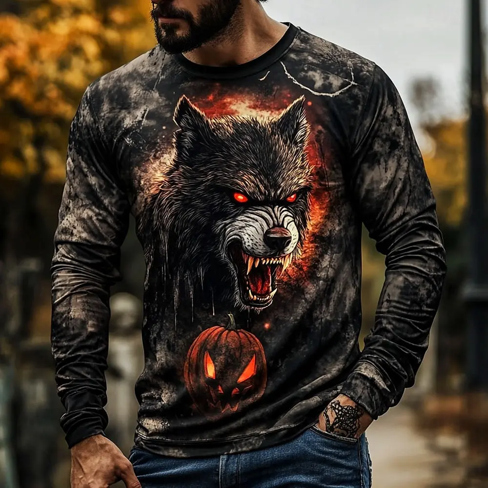 

Funny 3D Wolf Pattern Men's T-shirt Hip Hop Trend Harajuku Streetwear Casual O-neck Long Sleeve Top Spring Autumn Loose Clothing