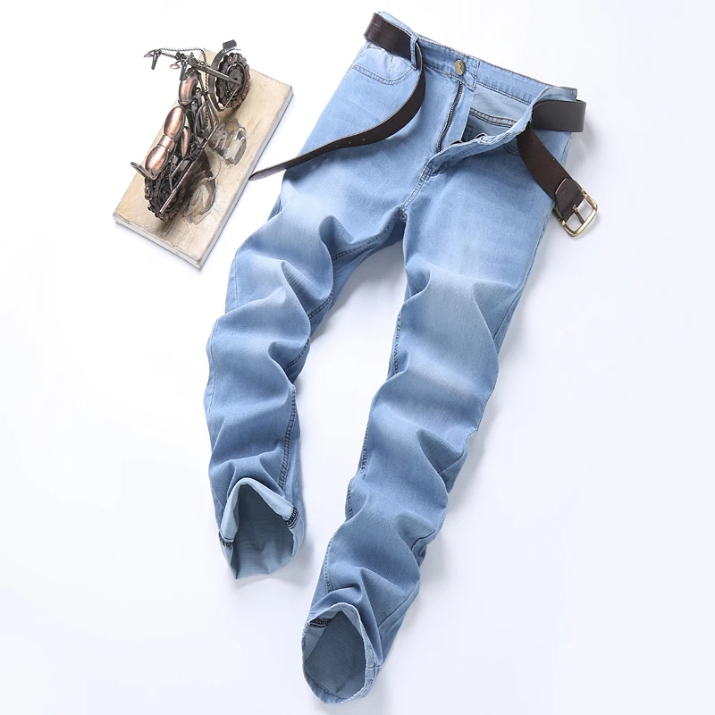 Men's Thin Jeans 2025 Summer New Style Business Casual Slim Fit Elastic Classic Style Trousers Sky Blue Pants Male size 28-40
