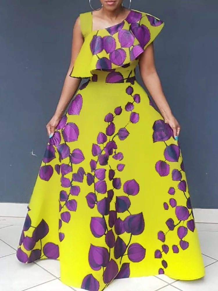 UOOZEE-vestido acampanado con estampado de hojas y un hombro para mujer, novedad de 2025, vestidos largos elegantes sin mangas con cuello asimétrico para fiesta y noche