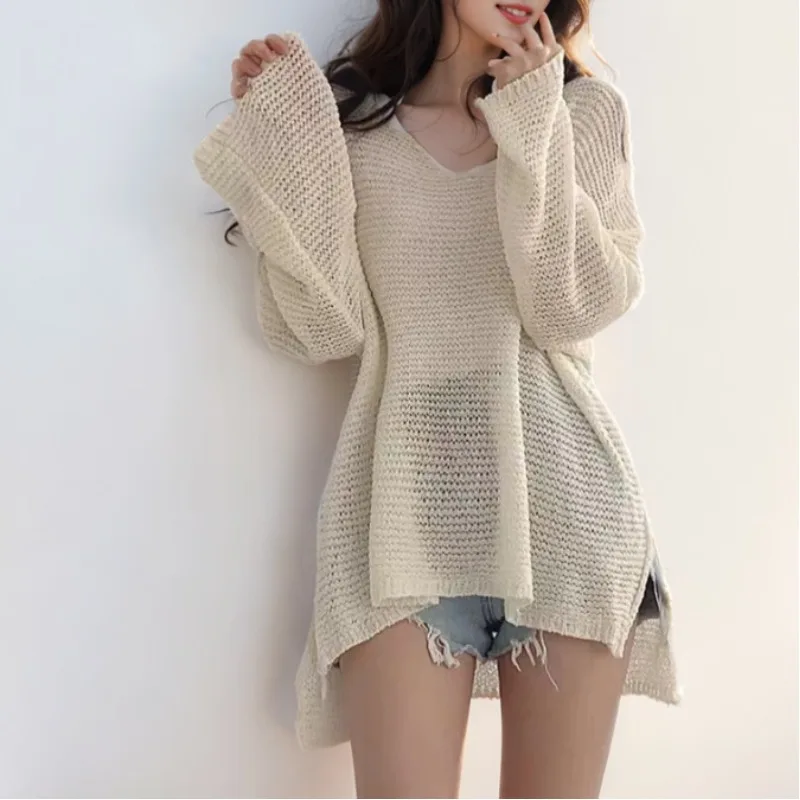 

Loose Fitting V-neck Hollowed Out Summer Women's Solid Color Front Short Back Long Hem Slit Sun Protection Ice Silk Knitted Tops