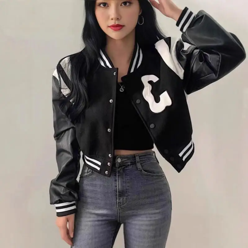 

Hot 2026 Spring Autumn New Fashion Women Leather Sleeve Short Coat Western Style Leisure Sports Motorcycle Trendy Baseball Suit