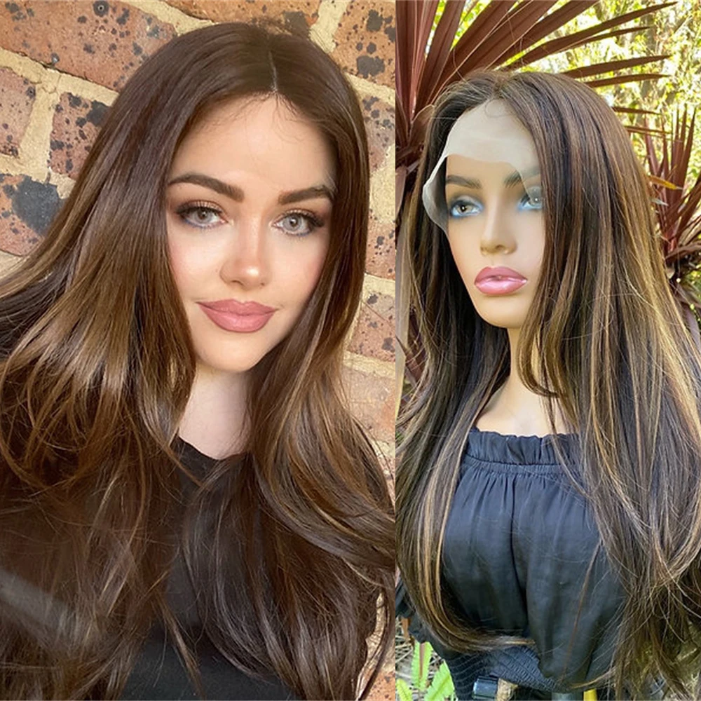 Donkerbruine karamel hoogtepunten Lace Front pruik hittevriendelijke vezels brunette natuurlijke golf pruik middendeel realistische look voor vrouwen