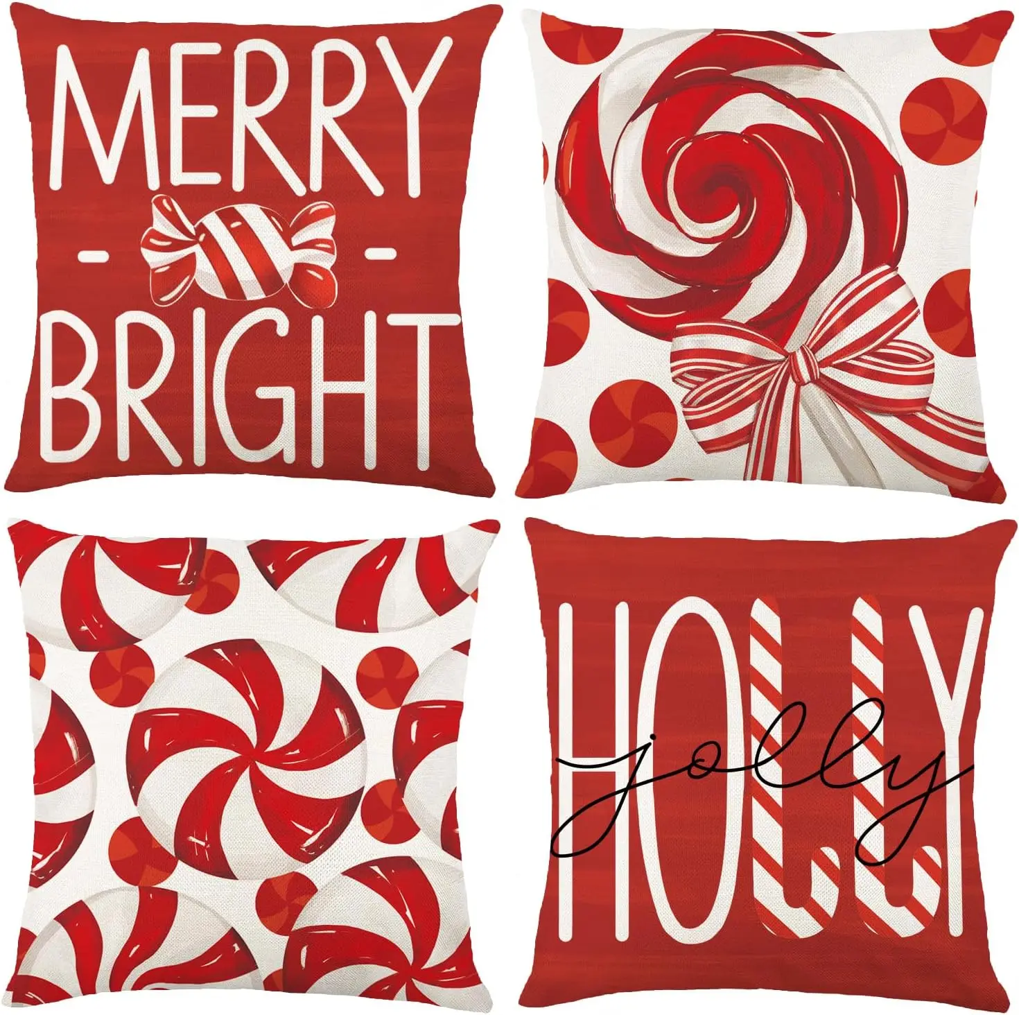 4pcs Red White Christmas Pillow Covers, Merry Bright Holly Jolly Candy Print, Festive Decor for Sofa Home