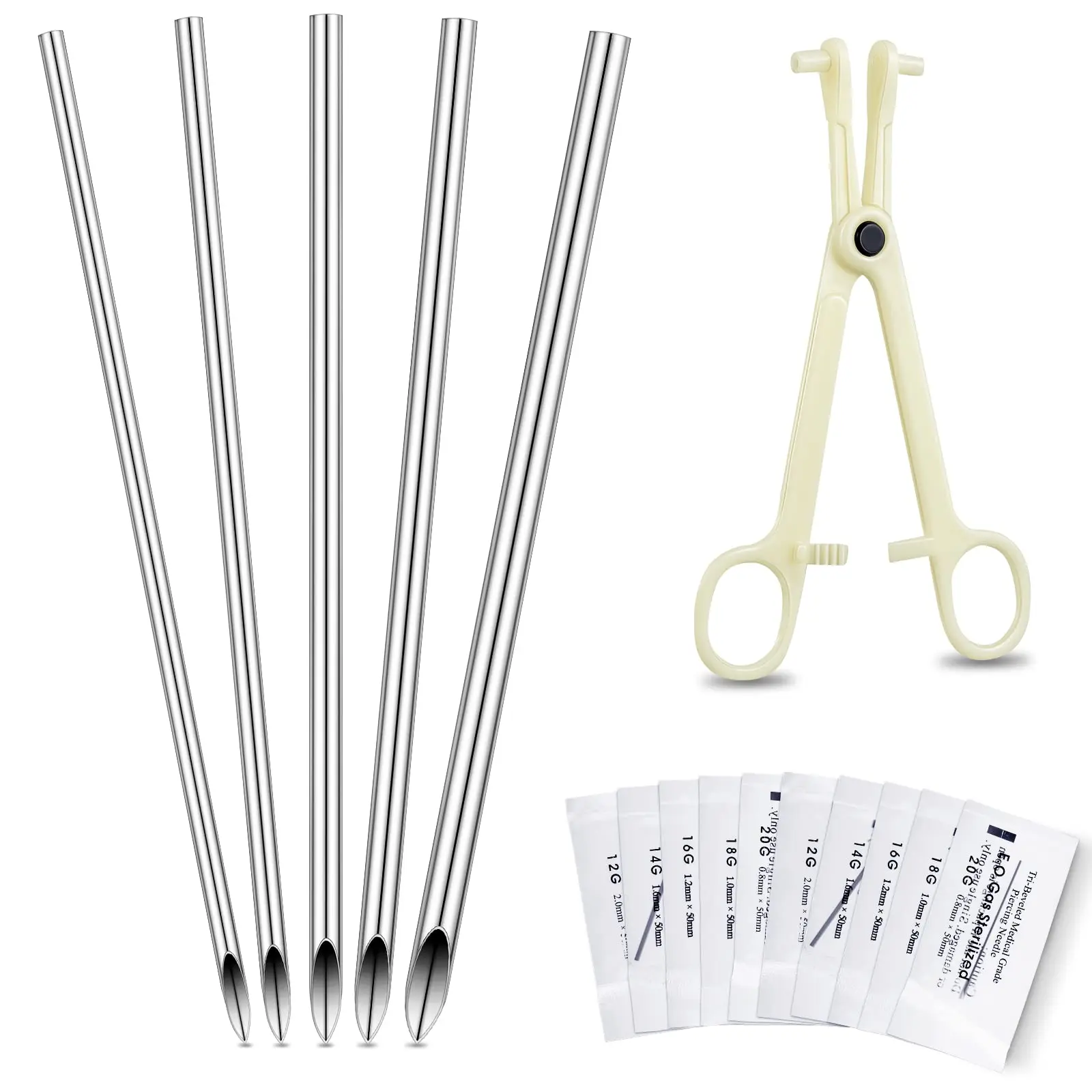 Piercing Tools Kit 100 Pcs Body Piercing Needles Mix Size 12G 14G 16G 18G 20G Stainless Steel and 1 Pcs Piercing Clamp