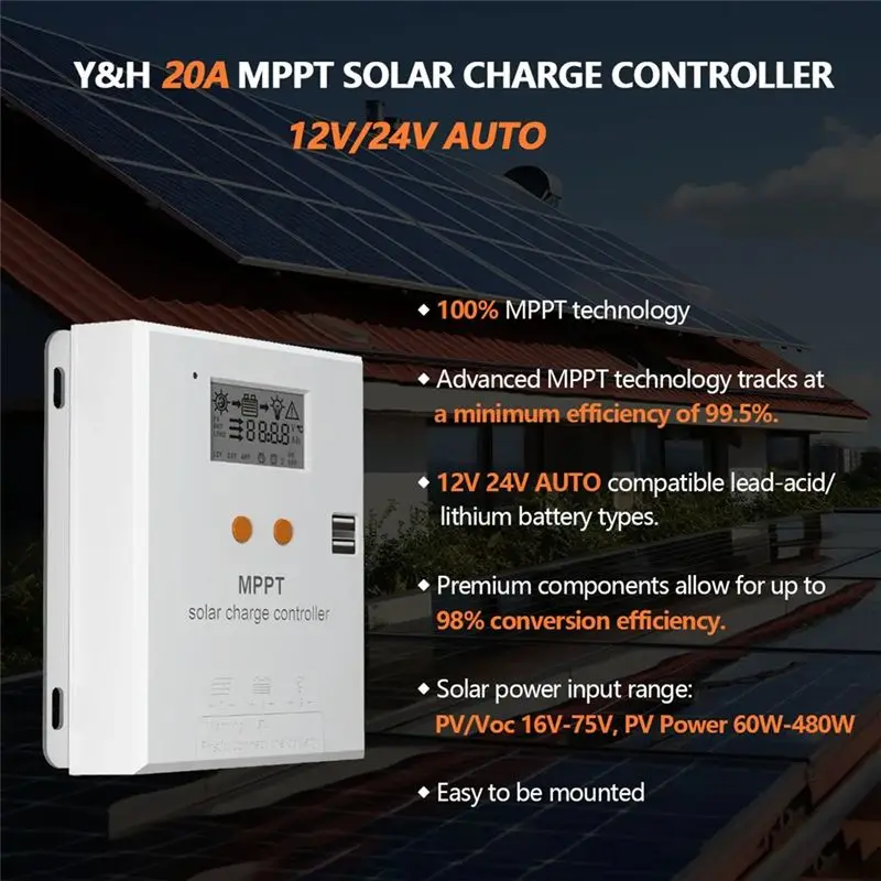 ABWZ-MPPT 20A Solar Controller 12V 24V Battery Regulator With LCD Display For AGM, Gel, Flooded And Lithium