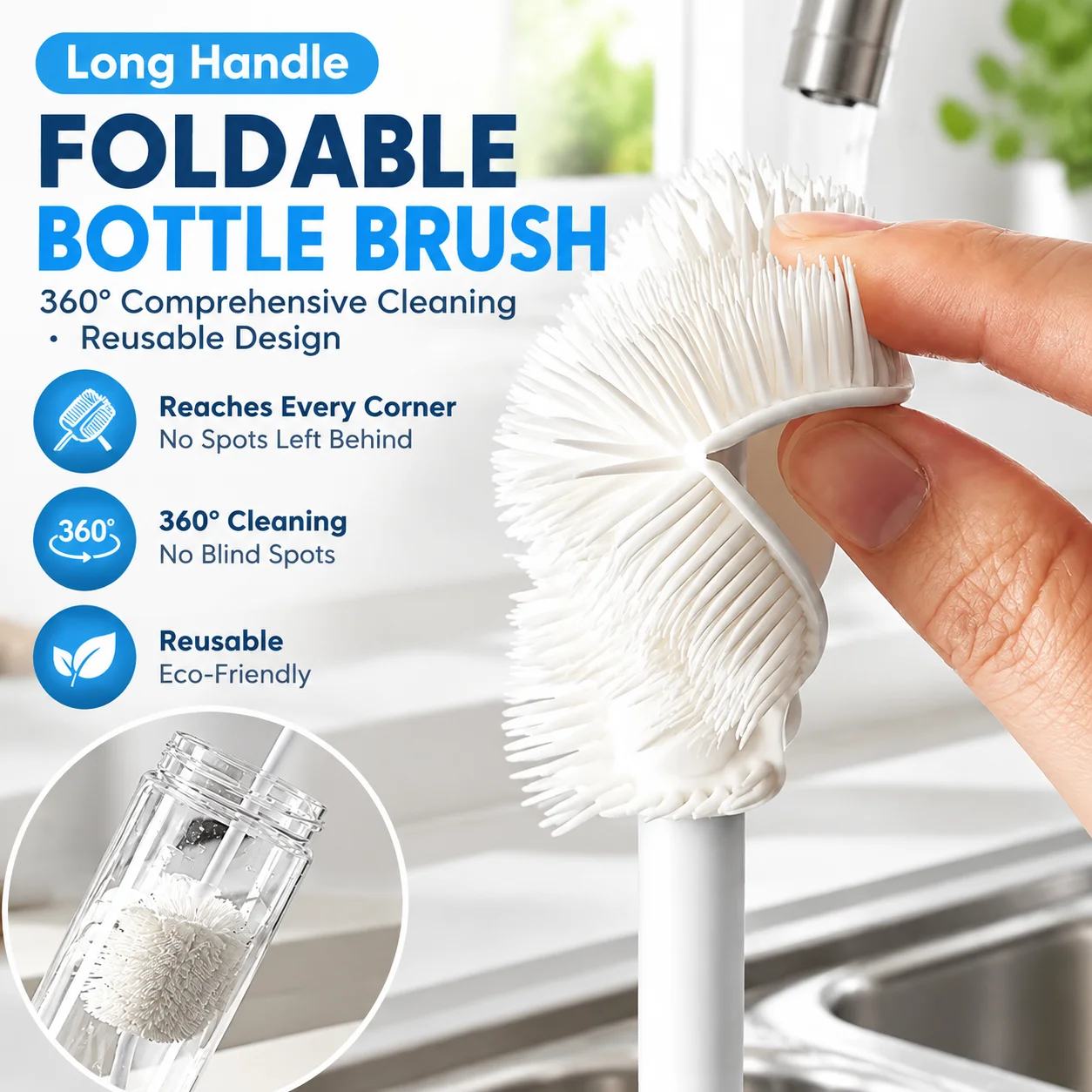 Long Handle Foldable Silicone Bottle Brush for Cups and Bottles, 360° Comprehensive Cleaning, Reusable Design
