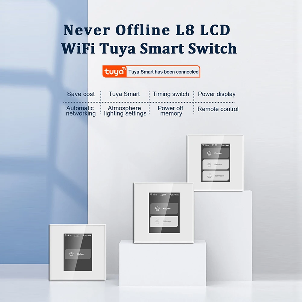 Smart WIFI Light Switch with LCD Touch Screen for Tuya 1/2/3 Gang Curtain Control Scene Modes and Energy Monitoring 220V
