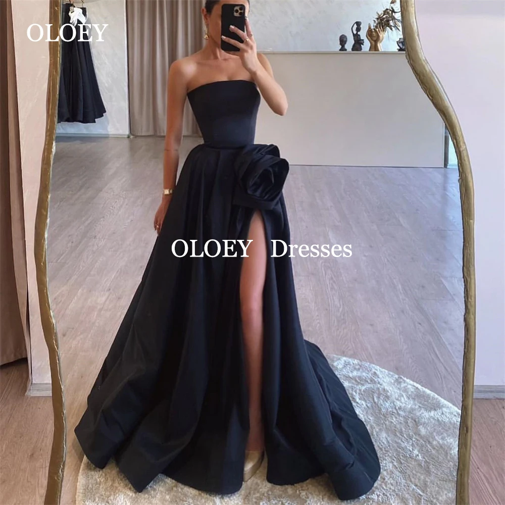 

OLOEY Modest Black Strapless Evening Dresses Floor Length Side Slit Wedding Party Gowns Sleeveless Family Gowns Zip Customized