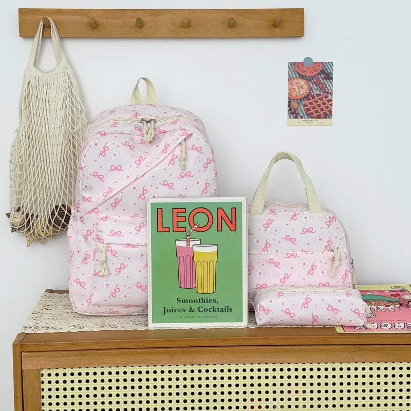 Hochwertiges, ästhetisches Rucksack-Set mit Blumenmuster, dreiteilig, aus leichtem Nylon, großes Fassungsvermögen, Mädchenrucksack, Campus-Studentenrucksack – Detail 2