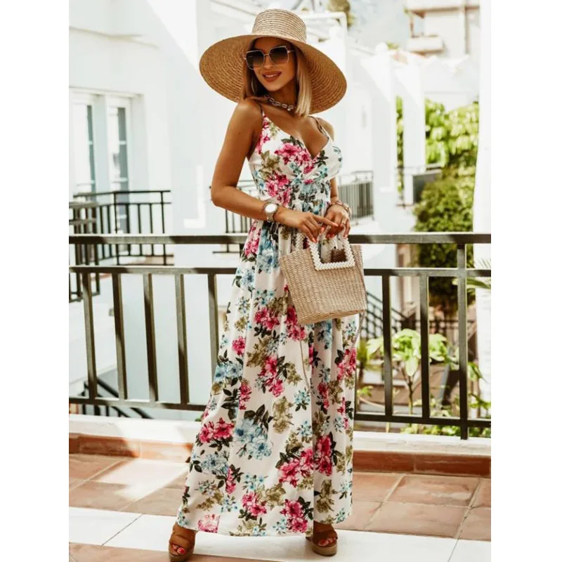 

Floral Print Women Sexy Bohemian White Maxi Dresses Summer High Waist Spaghetti Strap Backless Long Dress V-Neck Robe Femme