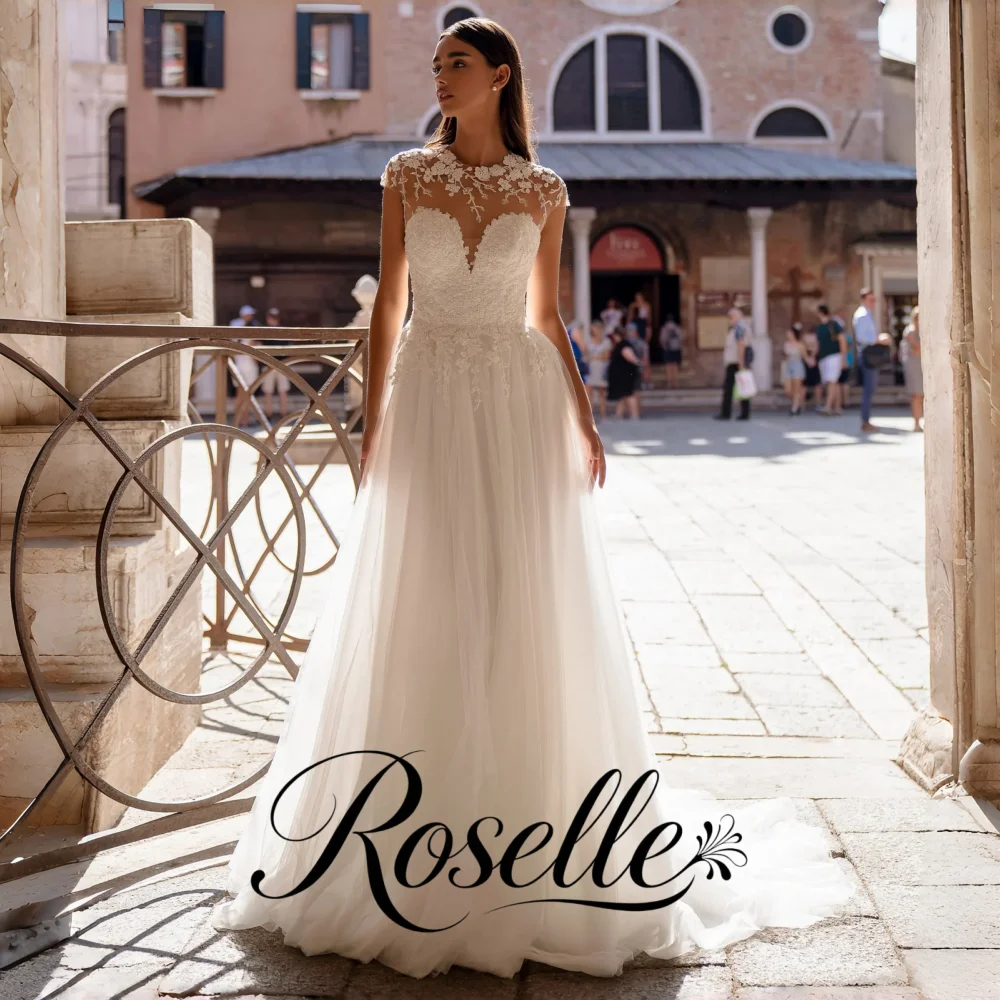 ROSELLE Lace Illusion High Neck Tulle A-line Wedding Dress Cap Sleeve Open Back 2026 Bridal Gown Customized свадебное платье